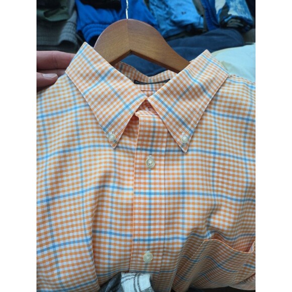 #56 Lands End Mens XL Peach/Blue Plaid Business Casual No Iron Original Oxford - Picture 4 of 4